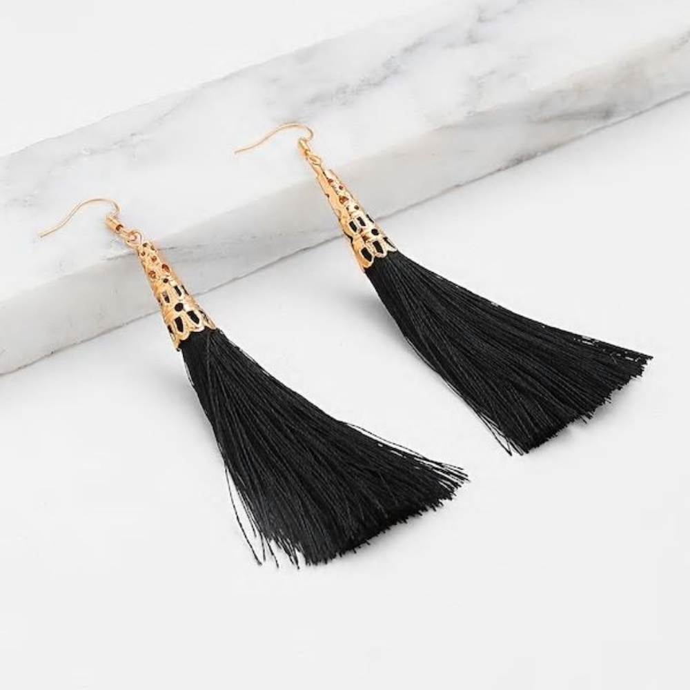 NEW! STATEMENT TASSEL BLACK GOLD DROP EARRINGS
